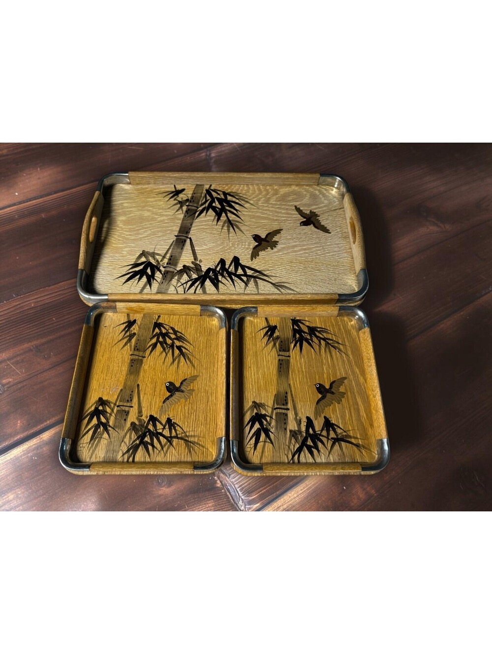 Vintage Large Set 3 Hand Painted Wooden Tray with 2 Handles Bird Bamboo Design